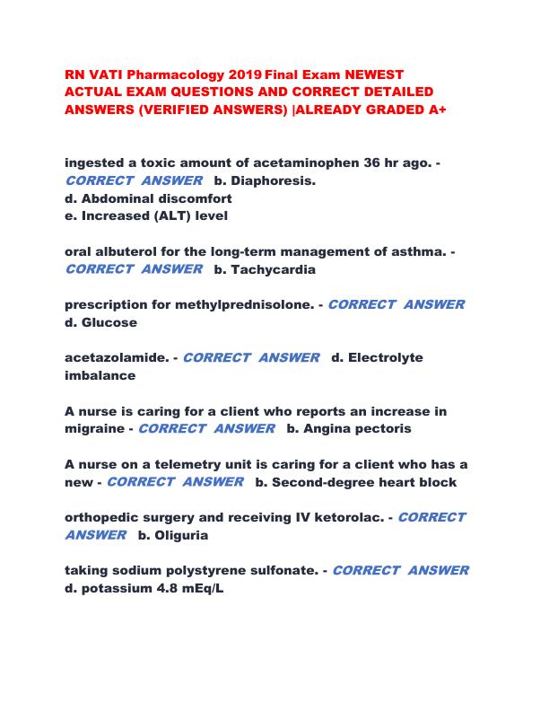 RN VATI Pharmacology 2019 Final Exam