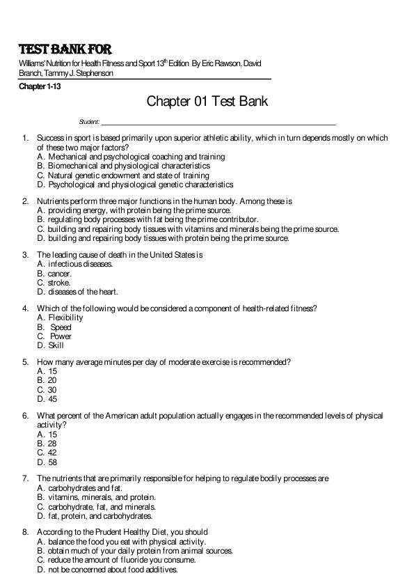 Test Bank Williams' Nutrition for Health Fitness and Sport 13th Edition By Eric Rawson, David Branch, Tammy J. Stephenson Chapter 1-13