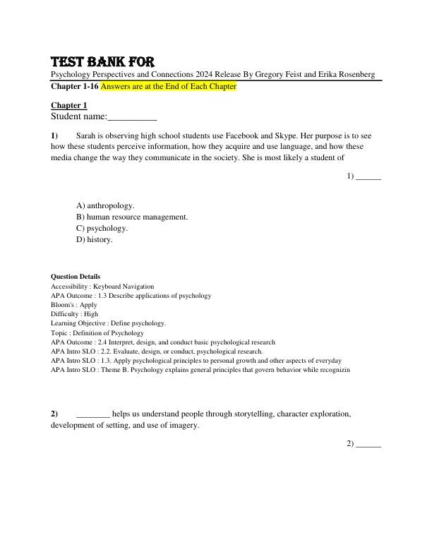Test Bank Psychology Perspectives and Connections 2024 Release By Gregory Feist and Erika Rosenberg Chapter 1-16