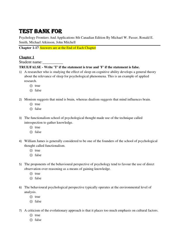 Test Bank Psychology Frontiers And Applications 8th Canadian Edition By Michael W. Passer, Ronald E. Smith, Michael Atkinson, John Mitchell Chapter 1-17
