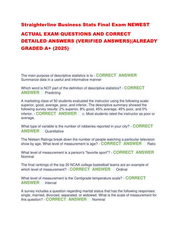 Straighterline Business Stats Final Exam