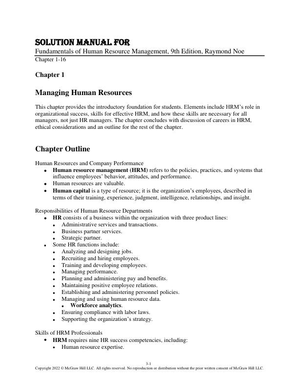 Solution Manual Fundamentals of Human Resource Management, 9th Edition, Raymond Noe