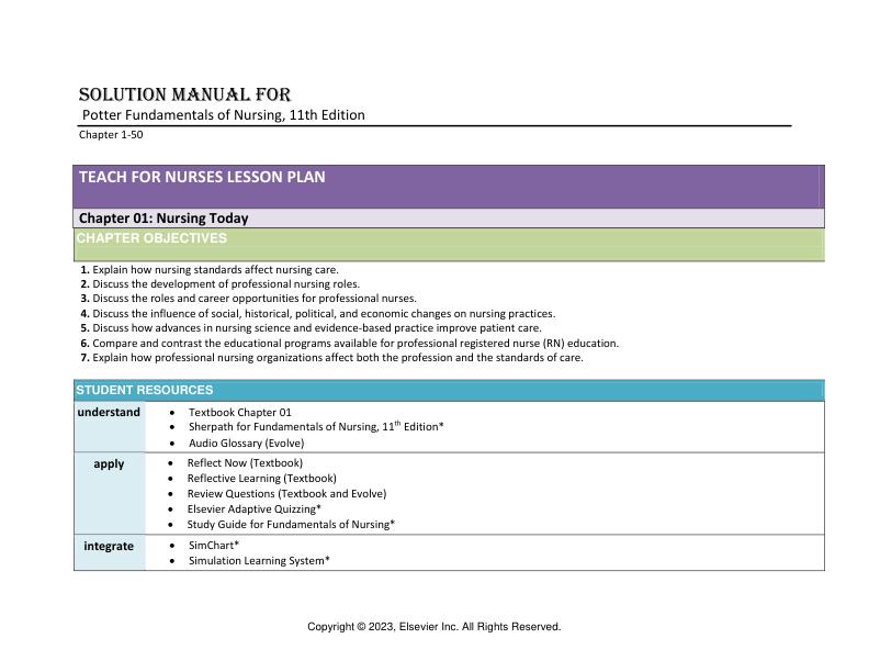 Solution Manual Fundamentals of Nursing, 11th Edition By Patricia A. Potter, Anne G. Perry, Patricia A. Stockert, Amy Hall