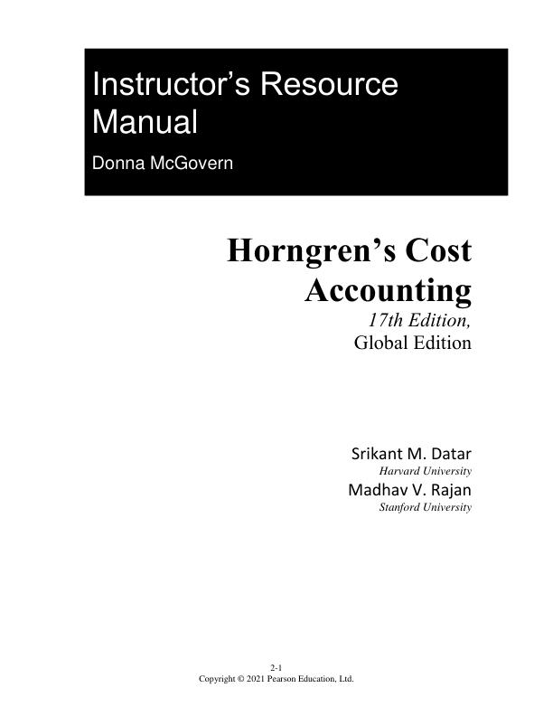 Instructor Manual Horngren's Cost Accounting A Managerial Emphasis, Global Edition, 17th Edition by Srikant Datar (Author), Madhav Rajan (Author)