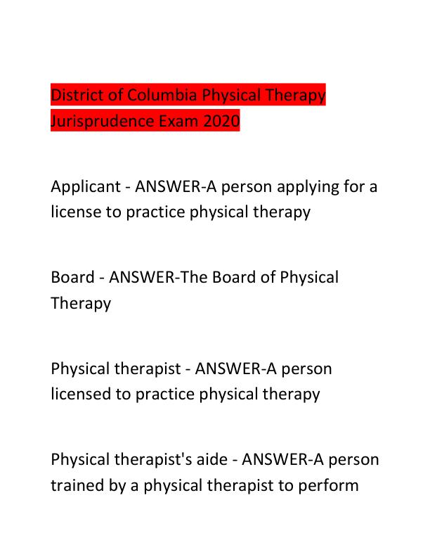 District of Columbia Physical Therapy Jurisprudence Exam 2020