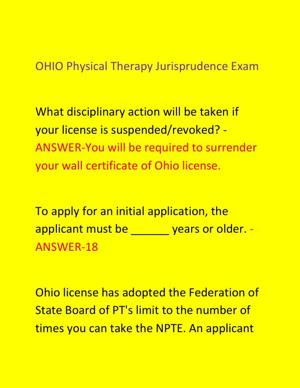 OHIO Physical Therapy Jurisprudence Exam
