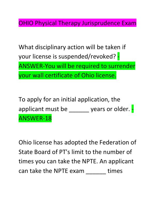 OHIO Physical Therapy Jurisprudence Exam1