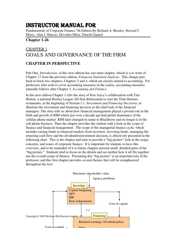 Instructor Manual Fundamentals of Corporate Finance 7th Edition By Richard A. Brealey, Stewart C. Myers, Alan J. Marcus, Devashis Mitra, Dinesh Gajurel