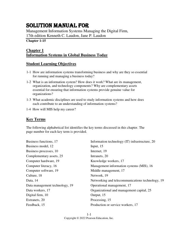 Solution Manual For Management Information Systems Managing the Digital Firm, 17th edition Kenneth C. Laudon,  Jane P. Laudon