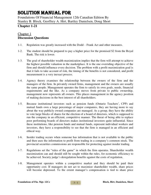 Solution Manual for Foundations Of Financial Management 12th Canadian Edition By Stanley B. Block, Geoffrey A. Hirt, Bartley Danielsen, Doug Short