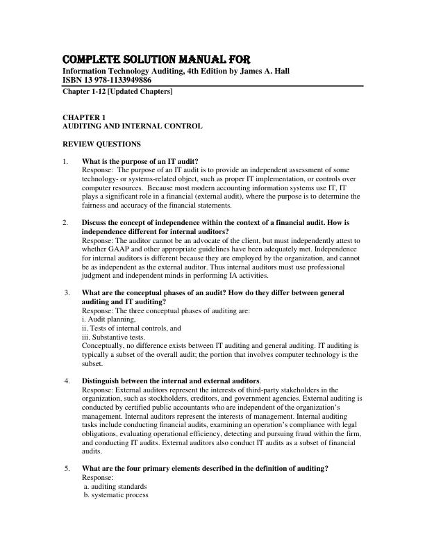 Solution Manual for Information Technology Auditing, 4th Edition by James A. Hall ISBN 13 978-1133949886