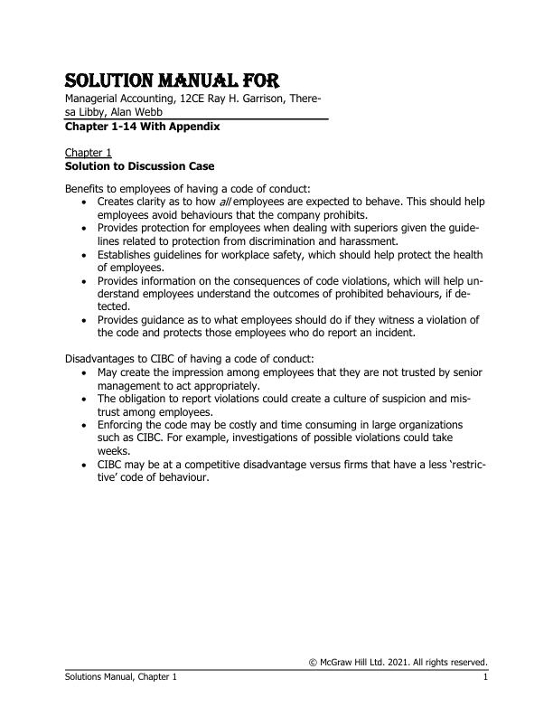 Solution Manual for Managerial Accounting, 12th Canadian Edition by Ray H. Garrison, Theresa Libby, Alan Webb