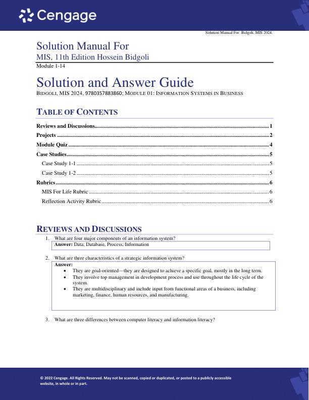 Solution Manual For MIS, 11th Edition Hossein Bidgoli