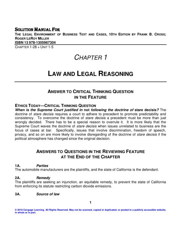 Solution Manual for The Legal Environment of Business Text and Cases, 10th Edition by Frank B. Cross; Roger LeRoy Miller ISBN 13 978-1305967304