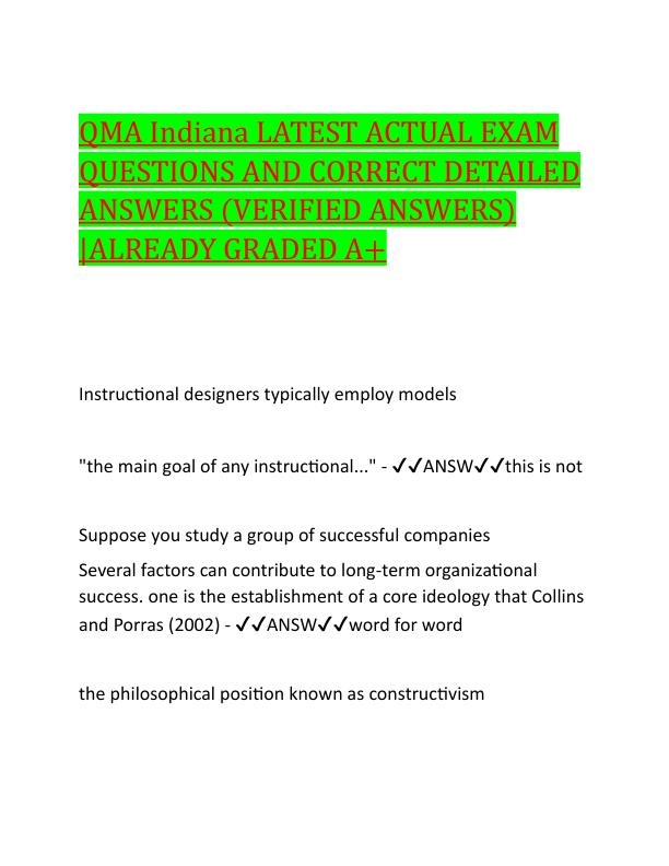 QMA Indiana LATEST ACTUAL EXAM QUESTIONS AND CORRECT DETAILED ANSWERS