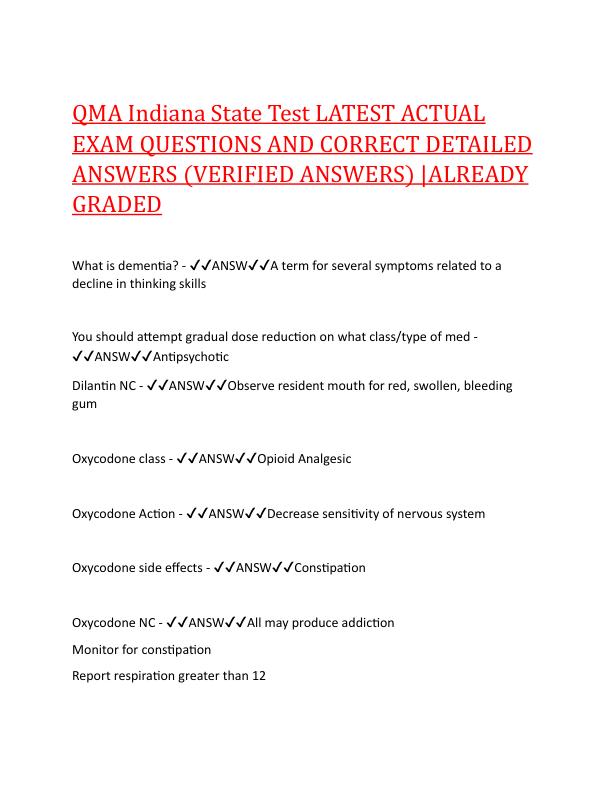 QMA Indiana State Test LATEST ACTUAL EXAM QUESTIONS AND CORRECT DETAILED ANSWERS