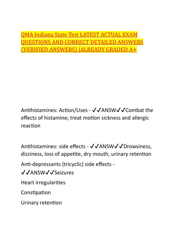 QMA Indiana State Test LATEST ACTUAL EXAM QUESTIONS AND CORRECT DETAILED ANSWERSQ