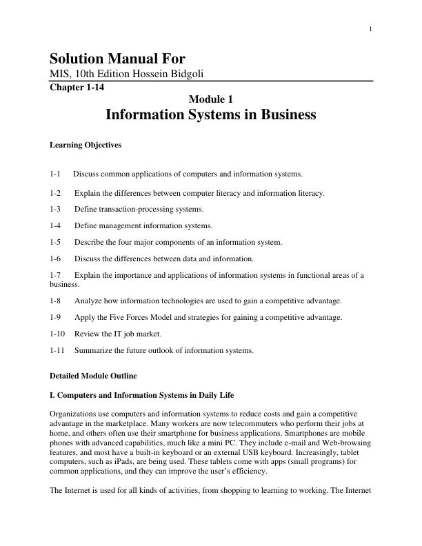 Solution Manual For MIS, 10th Edition Hossein Bidgoli