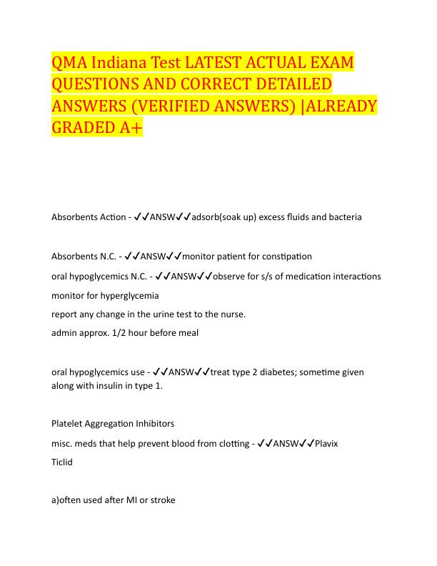 QMA Indiana Test LATEST ACTUAL EXAM QUESTIONS AND CORRECT DETAILED ANSWERS