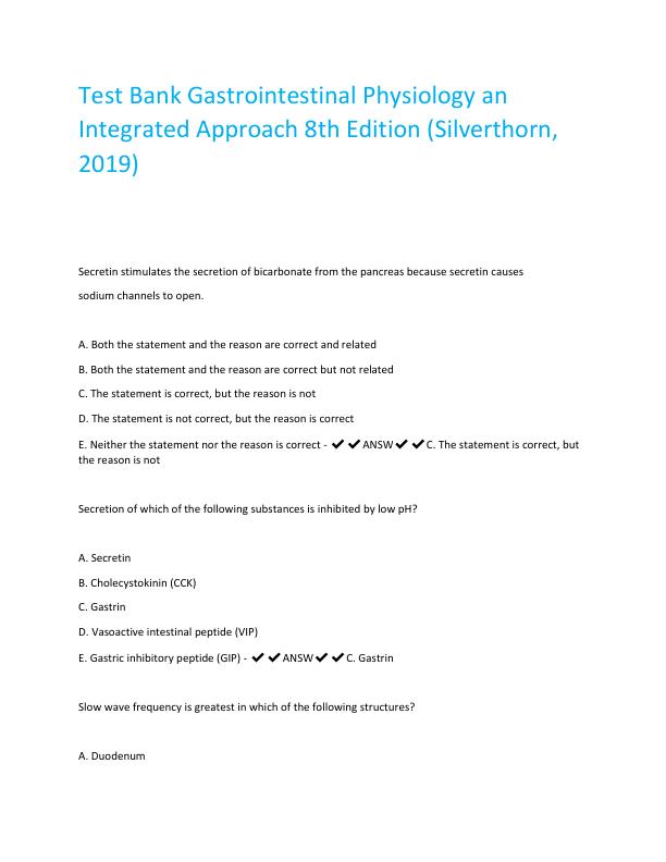 Test Bank Gastrointestinal Physiology an Integrated Approach 8th Edition