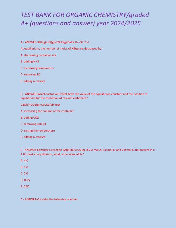 TEST BANK FOR ORGANIC CHEMISTRY a