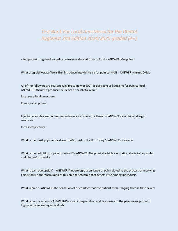 Test Bank For Local Anesthesia for the Dental Hygienist 2nd Edition 2024