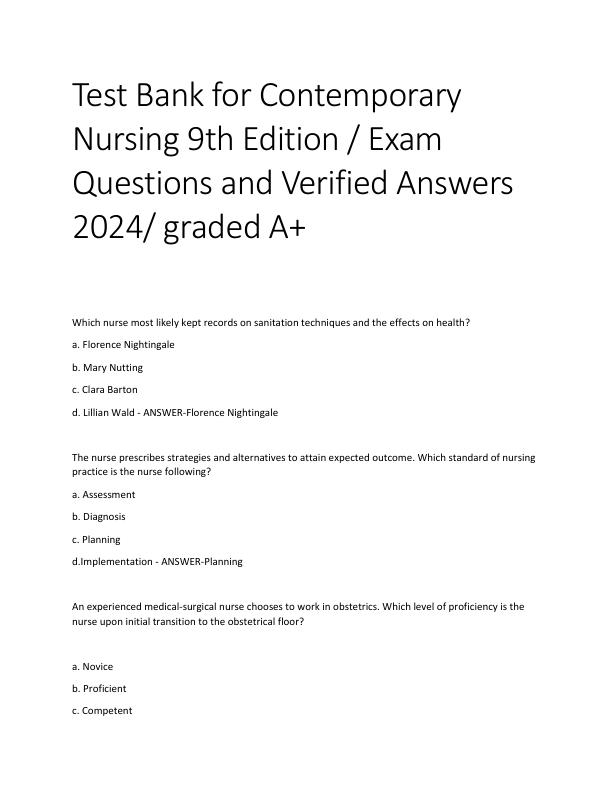 Test Bank for Contemporary Nursing 9th Edition