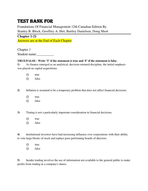 Test Bank for Foundations Of Financial Management 12th Canadian Edition By Stanley B. Block, Geoffrey A. Hirt, Bartley Danielsen, Doug Short