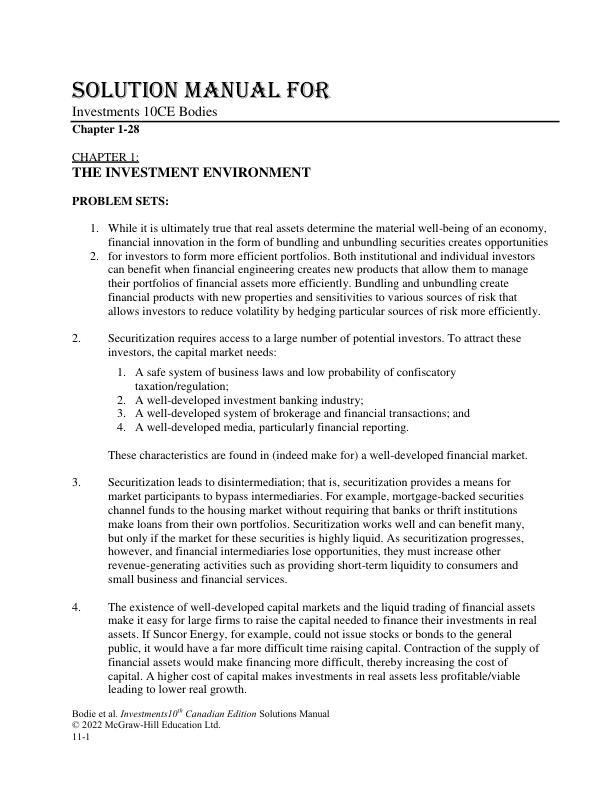 Solution Mnaual For Investments 10th Canadian Edition by Bodie