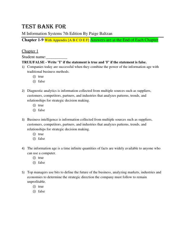 Test Bank for M Information Systems 7th Edition By Paige Baltzan