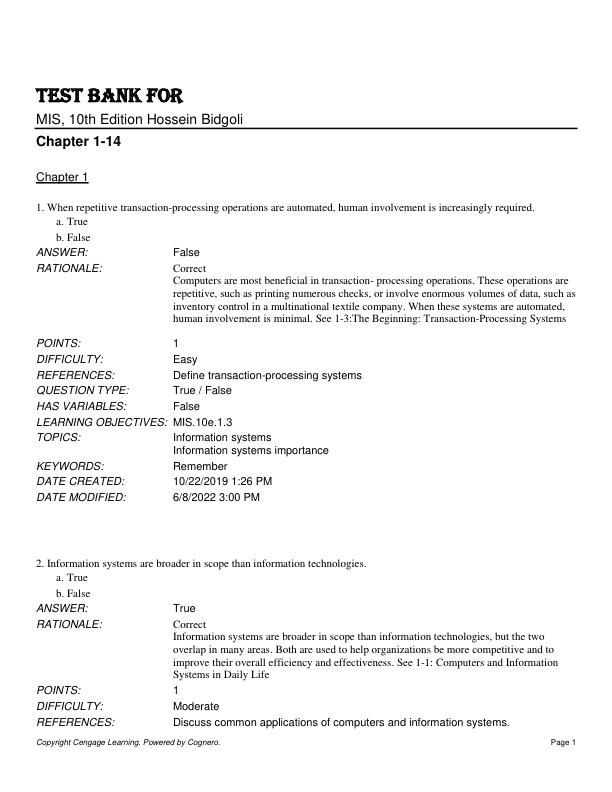 Test Bank for For MIS, 10th Edition Hossein Bidgoli Start