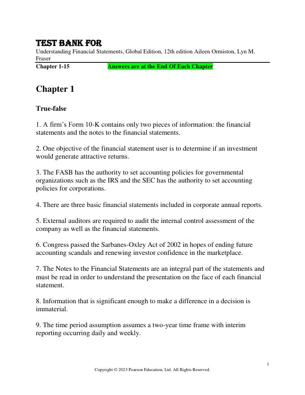 Test Bank for Understanding Financial Statements, Global Edition, 12th edition Aileen Ormiston, Lyn M. Fraser
