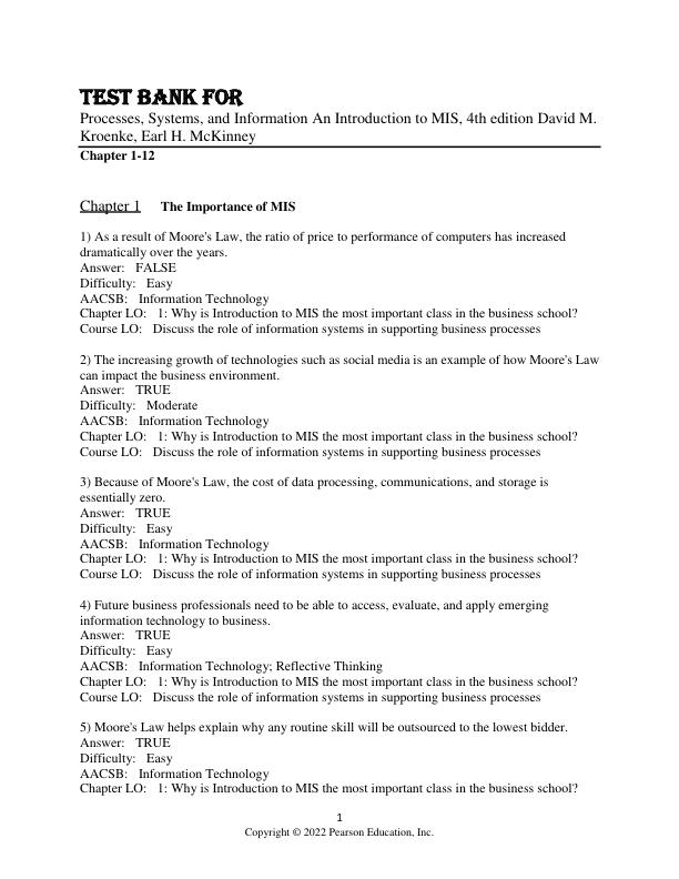 Test Bank for Processes, Systems, and Information An Introduction to MIS, 4th Edition David M. Kroenke, Earl H. McKinney