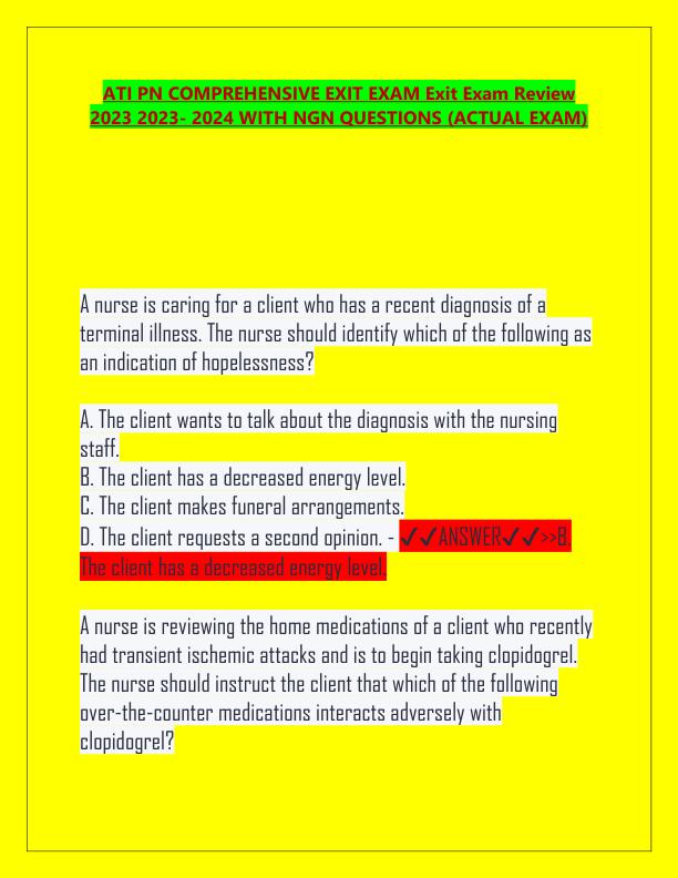 ATI PN COMPREHENSIVE EXIT EXAM Exit Exam Review 2023 2023