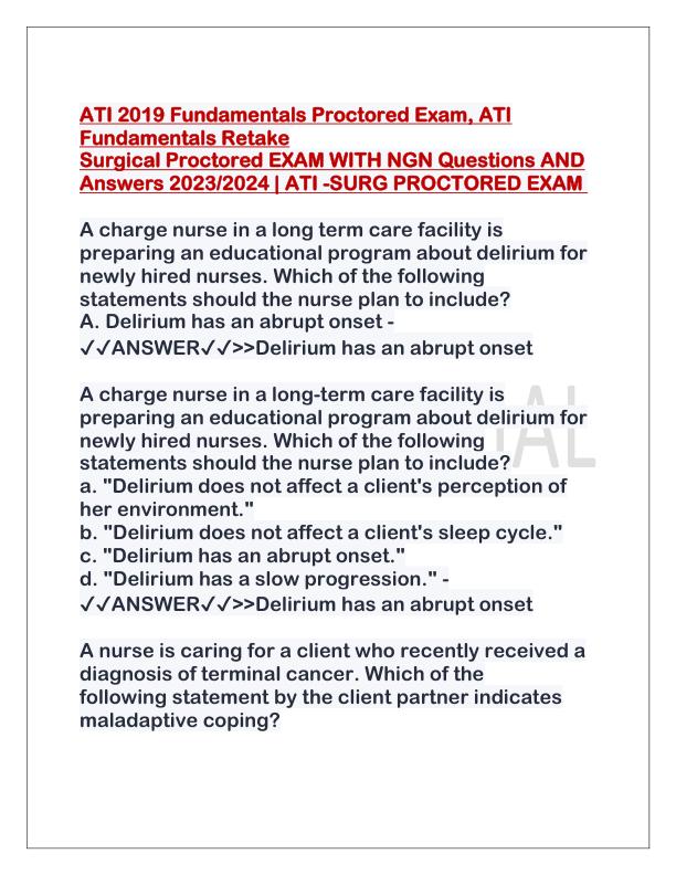 ATI 2019 Fundamentals Proctored Exam