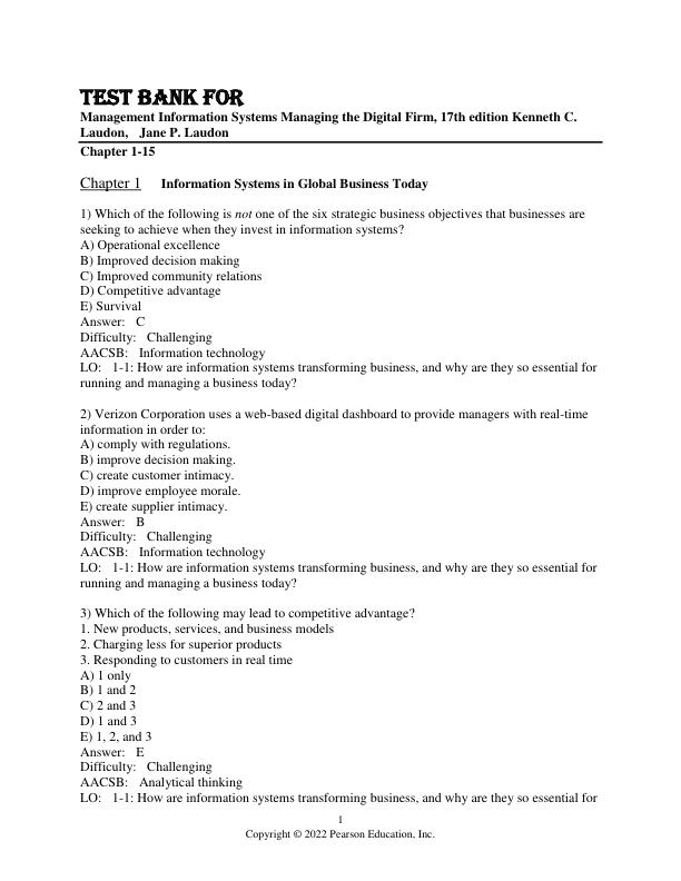 Test Bank for Management Information Systems Managing the Digital Firm, 17th Edition Kenneth C. Laudon,  Jane P. Laudon