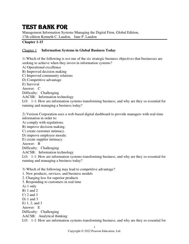 Test Bank for Management Information Systems Managing the Digital Firm, Global Edition, 17th edition Kenneth C. Laudon,  Jane P. Laudon