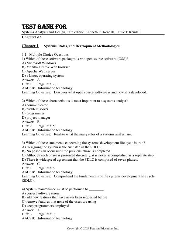 Test Bank for Systems Analysis and Design, 11th edition Kenneth E. Kendall,  Julie E Kendall