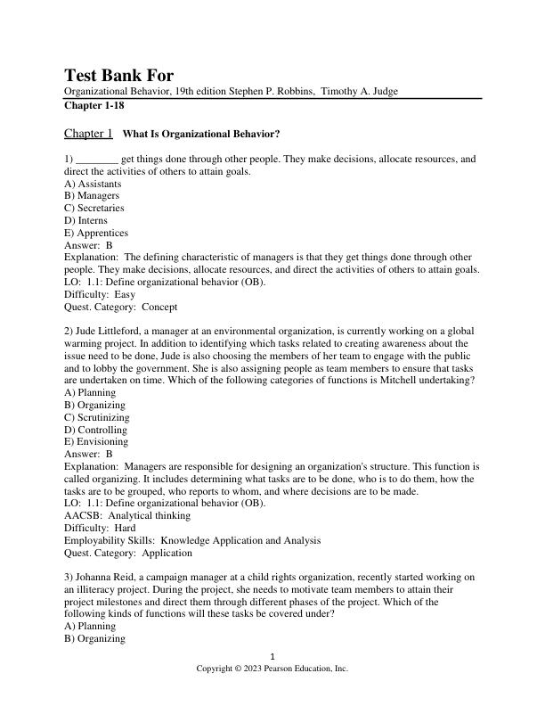 Test Bank for Organizational Behavior, 19th edition Stephen P. Robbins,  Timothy A. Judge