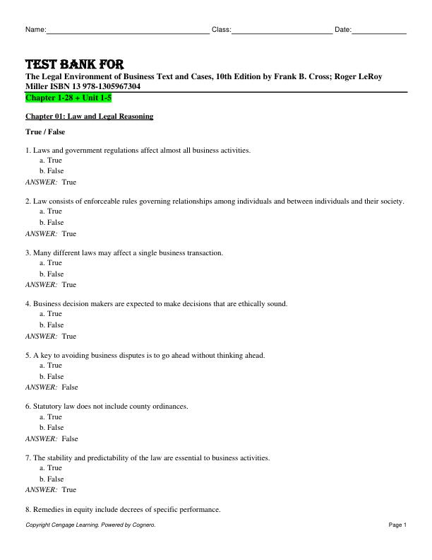 Test Bank for The Legal Environment of Business Text and Cases 10th Edition by Frank B. Cross; Roger LeRoy Miller ISBN 13 978-1305967304