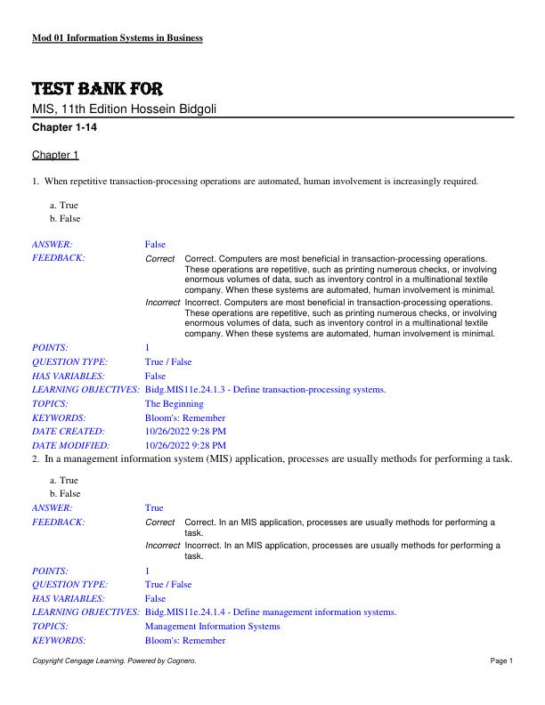 Test Bank for MIS, 11th Edition Hossein Bidgoli