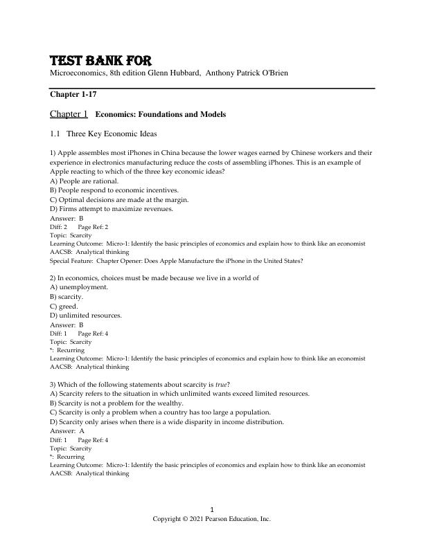 Test Bank for Microeconomics, 8th Edition Glenn Hubbard,  Anthony Patrick O'Brien Chapter (1-17)