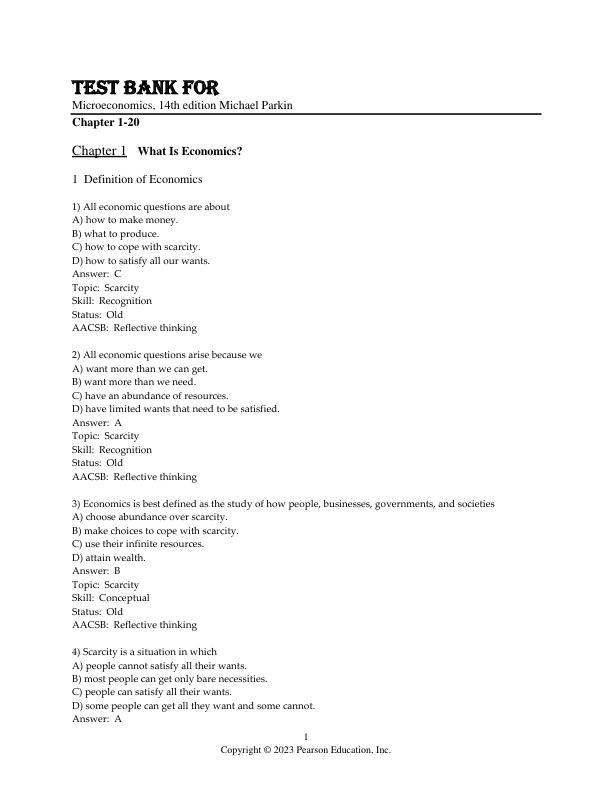Test Bank for Microeconomics, 14th edition Michael Parkin