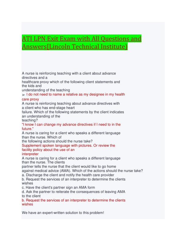 ATI LPN Exit Exam with All Questions and Answers