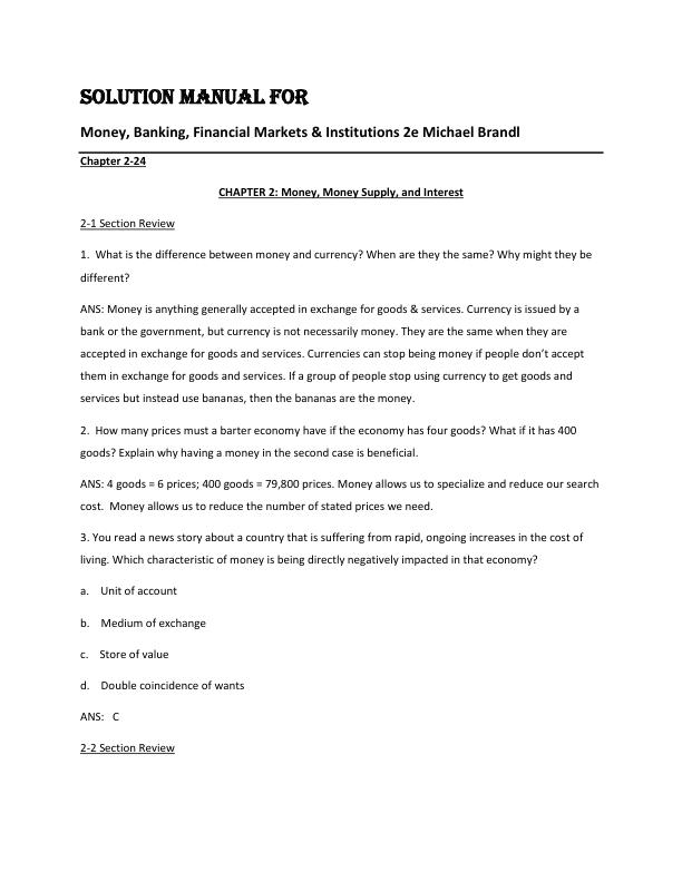 Solution Manual for Money, Banking, Financial Markets & Institutions 2nd Edition by Michael Brandl
