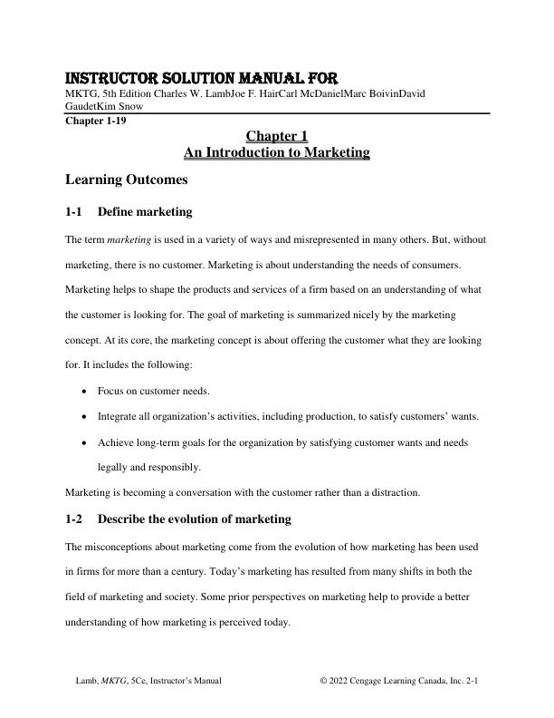 Instructor Solution Manual For MKTG, 5th Edition Charles W. LambJoe F. HairCarl McDanielMarc BoivinDavid GaudetKim Snow Chapter(1-19)