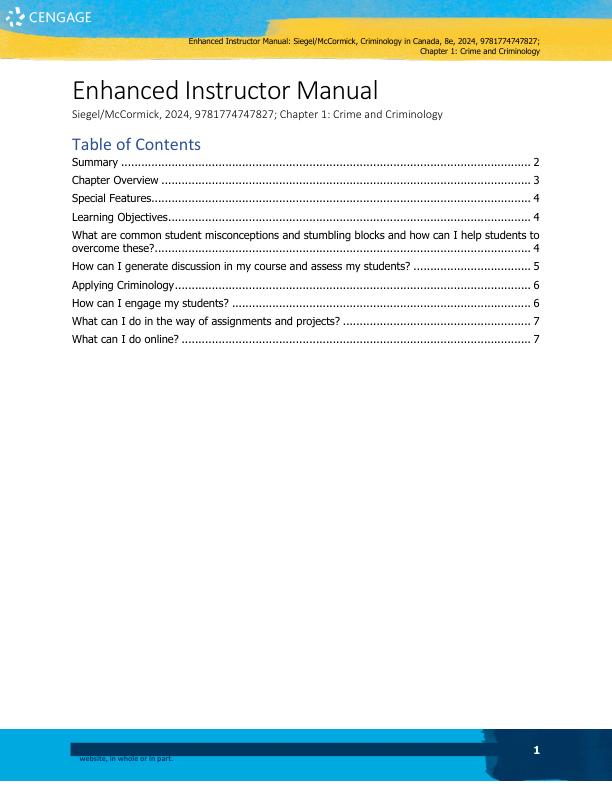 Enhanced Instructor Manual Criminology in Canada, 8th Edition, Siegel, McCormick, 2024