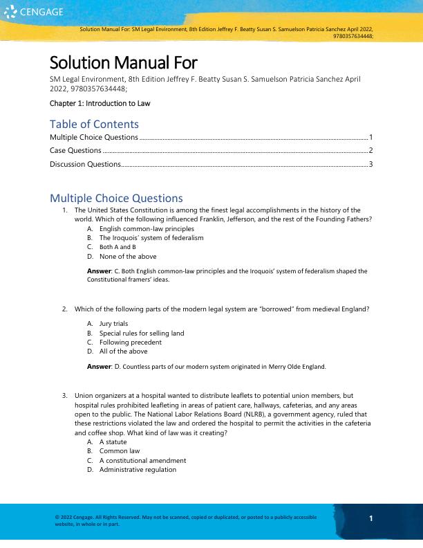 Solution Manual For Legal Environment, 8th Edition Jeffrey F. BeattySusan S. SamuelsonPatricia Sanchez Abril Chapter(1-27)