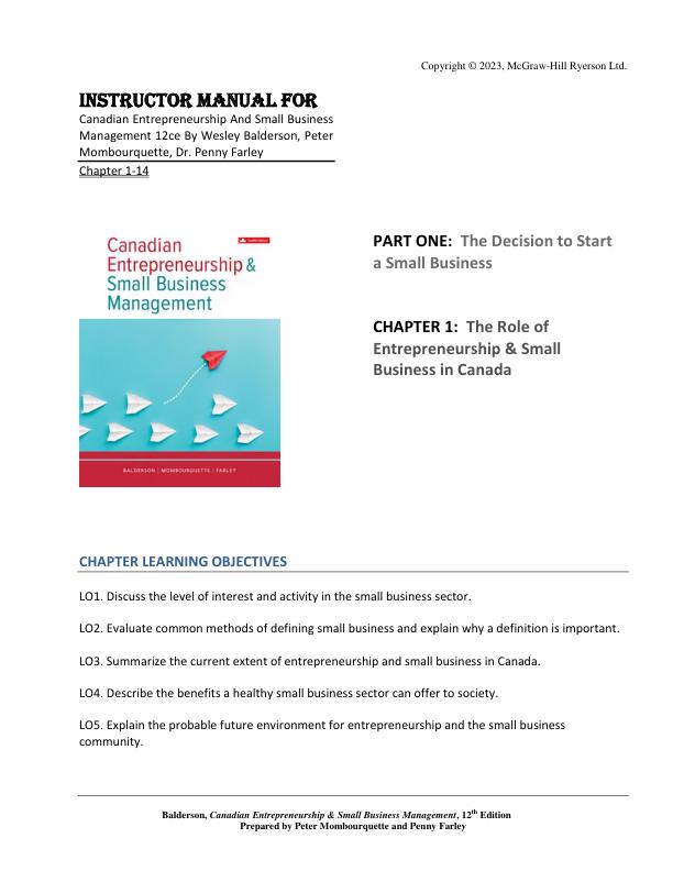 Instructor Solution Manual For Canadian Entrepreneurship And Small Business Management 12ce By Wesley Balderson, Peter Mombourquette, Dr. Penny Farley Chapter(1-14)