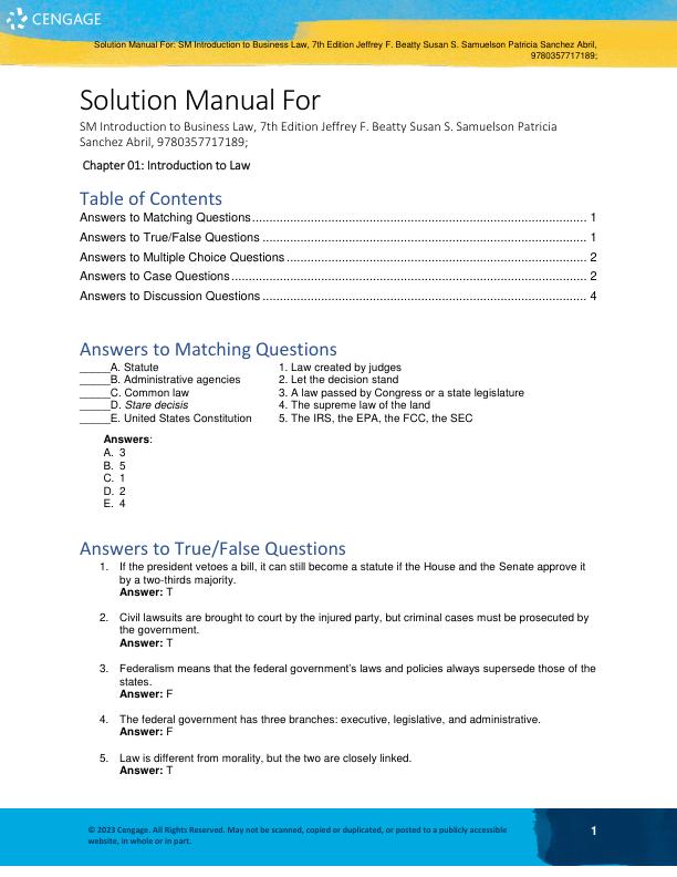 Solution Manual For Introduction to Business Law, 7th Edition Jeffrey F. BeattySusan S. SamuelsonPatricia Sanchez Abril Chapter(1-31)